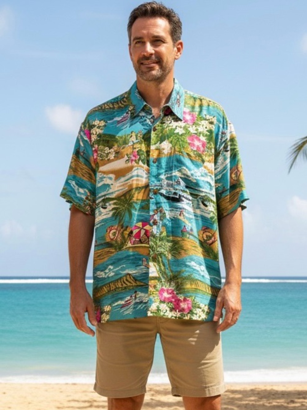 Kosi Bali Men's Tropical Button-Down Shirt in Teal Print